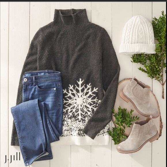 NEW J.Jill Large Sweater Intarsia Snowflake Funnel Neck Gray Holiday Christmas - Picture 10 of 10